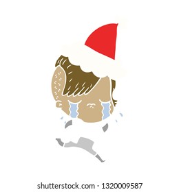 ilustración a color plano dibujada a mano de una chica llorando usando ropa espacial usando sombrero santa
