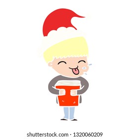 handgezeichnete, flache Illustration eines mit Santa-Hut tragenden Jungen