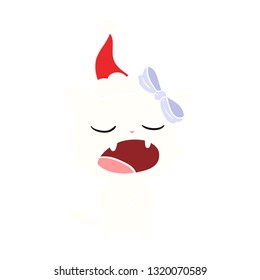 hand drawn flat color illustration of a cat meowing wearing santa hat