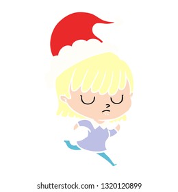 hand drawn flat color illustration of a woman wearing santa hat