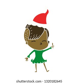 hand drawn flat color illustration of a squinting girl wearing santa hat