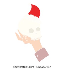 hand drawn flat color illustration of a hand holding skull wearing santa hat
