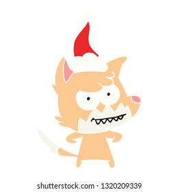 hand drawn flat color illustration of a grinning fox wearing santa hat