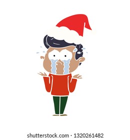 hand drawn flat color illustration of a crying man wearing santa hat
