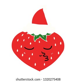 hand drawn flat color illustration of a strawberry wearing santa hat