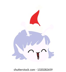 hand drawn flat color illustration of a alien space girl face wearing santa hat