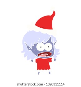 hand drawn flat color illustration of a shocked elf girl wearing santa hat