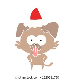hand drawn flat color illustration of a dog with tongue sticking out wearing santa hat