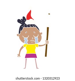 hand drawn flat color illustration of a crying woman with protest sign wearing santa hat