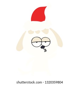 hand drawn flat color illustration of a bored dog wearing santa hat