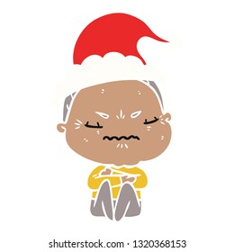 hand drawn flat color illustration of a annoyed old lady wearing santa hat