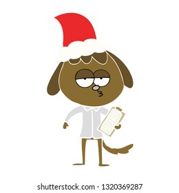 hand drawn flat color illustration of a bored dog in office clothes wearing santa hat