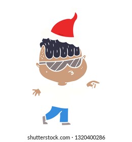 hand drawn flat color illustration of a boy wearing sunglasses pointing wearing santa hat