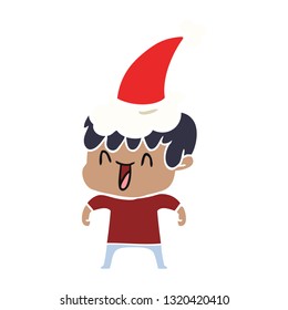 hand drawn flat color illustration of a laughing boy wearing santa hat