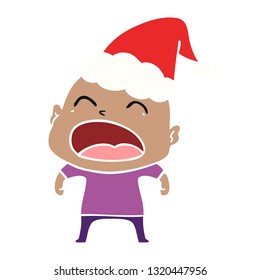 hand drawn flat color illustration of a shouting bald man wearing santa hat