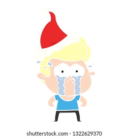 hand drawn flat color illustration of a crying man wearing santa hat