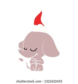 hand drawn flat color illustration of a smiling elephant wearing santa hat