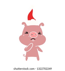 hand drawn flat color illustration of a angry pig wearing santa hat
