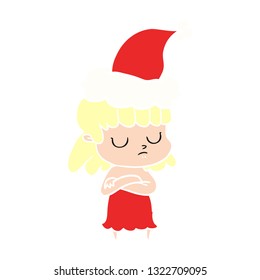 hand drawn flat color illustration of a indifferent woman wearing santa hat
