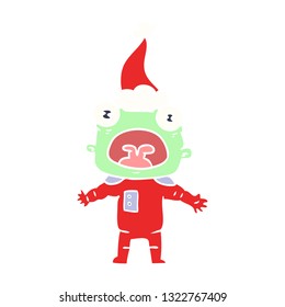 hand drawn flat color illustration of a weird alien communicating wearing santa hat