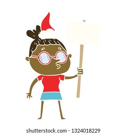 hand drawn flat color illustration of a woman wearing glasses wearing santa hat