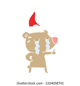 hand drawn flat color illustration of a crying bear wearing santa hat
