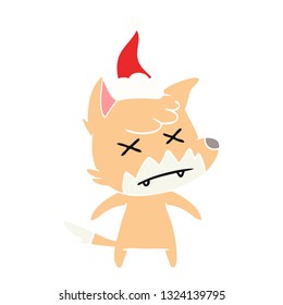 hand drawn flat color illustration of a dead fox wearing santa hat