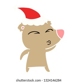 hand drawn flat color illustration of a whistling bear wearing santa hat