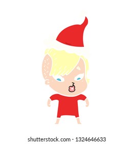 hand drawn flat color illustration of a surprised girl wearing santa hat