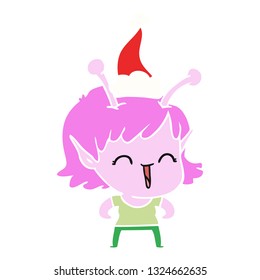 hand drawn flat color illustration of a alien girl laughing wearing santa hat