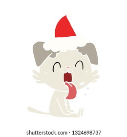 hand drawn flat color illustration of a panting dog wearing santa hat