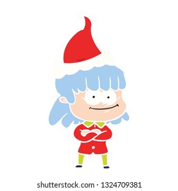 hand drawn flat color illustration of a smiling woman wearing santa hat