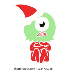 hand drawn flat color illustration of a cyclops alien spaceman wearing santa hat