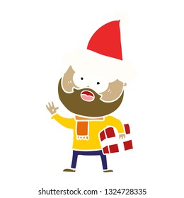 handgezeichnete flache Illustration eines bärtigen Mannes mit Geschenk mit Santa-Hut