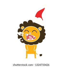 hand drawn flat color illustration of a roaring lion wearing santa hat