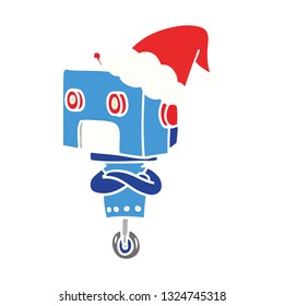 hand drawn flat color illustration of a robot wearing santa hat