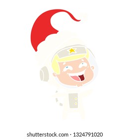 hand drawn flat color illustration of a laughing astronaut wearing santa hat