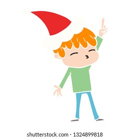hand drawn flat color illustration of a curious boy wearing santa hat
