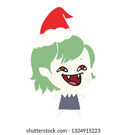 hand drawn flat color illustration of a laughing vampire girl wearing santa hat