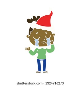 hand drawn flat color illustration of a crying woman wearing santa hat