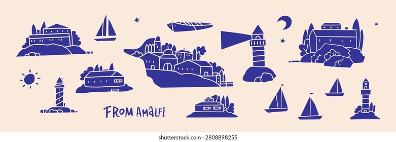 Hand drawn flat contour Amalfi coast landscape elements set, blue Mediterranean village with lighthouse boats and classic Italian coastal architecture, minimal sketch for vacation aesthetics.