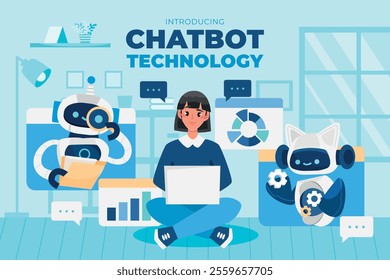 Hand drawn flat conversational ai chatbot illustration with text