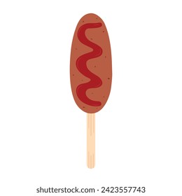 Hand drawn flat corn dog. Sausage in dough on a stick with and without condiments. American or Korean street food. Detailed flat illustration on a white background