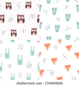 Hand drawn flat cute animals pattern collection. Set of Vector Seamless patterns with owl, rat, bunny, fox . Perfect for childish decoration clothes, patterns, stickers, cards, fabric, textile