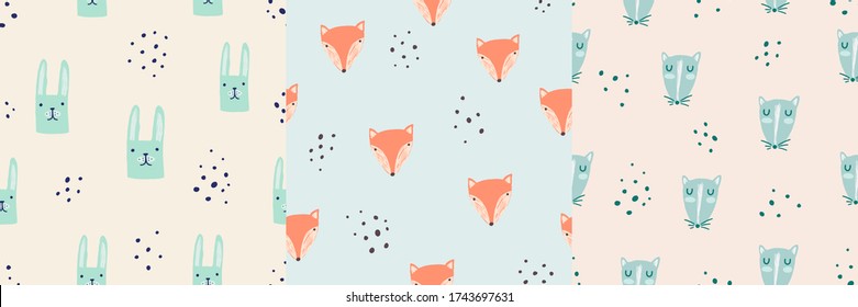 Colección de patrones de lindos animales dibujados a mano. Conjunto de patrones de Vector Seamless con búho, rata, conejito, zorro . Perfecto para la decoración infantil de ropa, patrones, pegatinas, tarjetas, tela, textiles