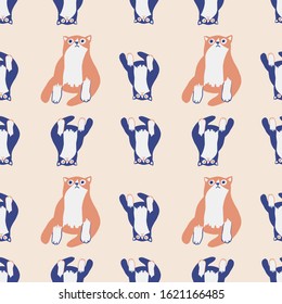 Hand drawn flat cute cats collection. Seamless pattern of kittens with different emotions and poses. Vector illustration for childish decoration clothes, patterns, stickers, cards, fabric, textile