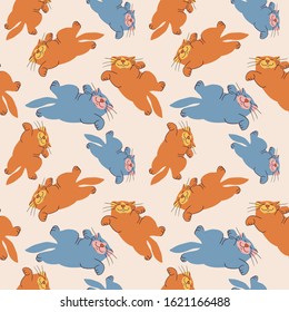 Hand drawn flat cute cats collection. Seamless pattern of kittens with different emotions and poses. Vector illustration for childish decoration clothes, patterns, stickers, cards, fabric, textile