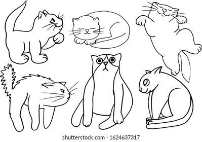 Hand drawn flat cute cats collection. Set of kittens with different emotions and poses. Vector colorful collection perfect for childish decoration clothes, patterns, stickers, cards, website