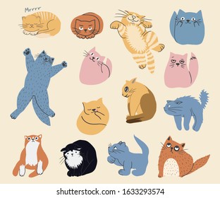 Hand drawn flat cute cats collection. Set of kittens with different emotions and poses. Vector colorful collection perfect for childish decoration clothes, patterns, stickers, cards, website