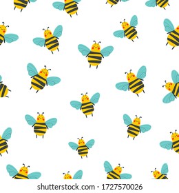 Hand drawn flat cute insect collection. Seamless pattern with bees or wasps. Cartoon vector bee or wasp illustration for childish decoration clothes, patterns, stickers, cards, fabric, textile